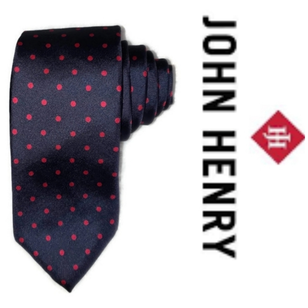 John Henry 100% Italian silk mens tie navy blue with red polka-dots